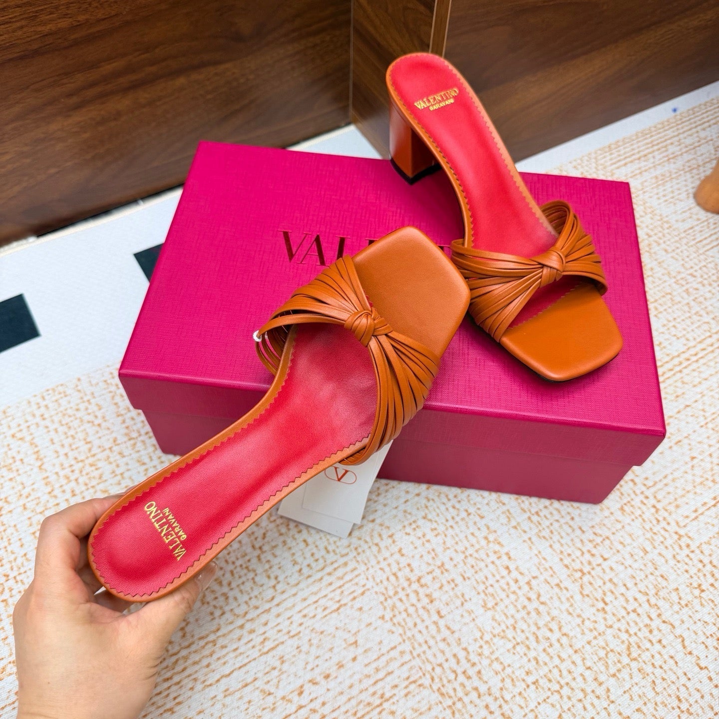VALENTINO 26S BLOCK-HEEL SANDALS 65 MM IN ORANGE CALFSKIN