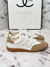 RETRO SNEAKERS WITH RIPTAPE STRAPS IN WHITE LAMBSKIN MIX PEANUT SUEDE