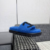 CHANEL 26S SLIDE SANDALS IN BLACK AND BLUE SHEARLING OPEN TOE
