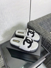 CHANEL 26S SLIDE SANDALS  IN BLACK AND GRAY SHEARLING OPEN TOE