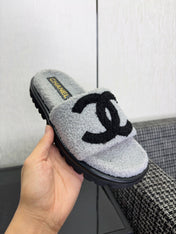 CHANEL 26S SLIDE SANDALS  IN BLACK AND GRAY SHEARLING OPEN TOE