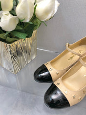 MARY JANE BEIGE CREAM MIX BLACK LAMBSKIN ATTACH METAL