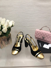 HIGH SLINGBACKS IN BLACK SUEDE AND GOLDEN LAMBSKIN