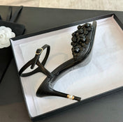 CC Little Camellia World Thin High Sandals Black Lambskin
