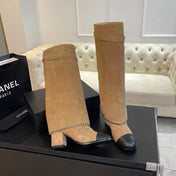 HIGH BOOTS 6.5 CM IN CIDER BROWN SUEDE AND BLACK CALFSKIN
