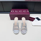 GUCCI 26S HEELED SANDALS 85 MM IN SILVER CALFSKIN WITH CRYSTAL