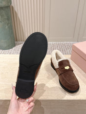 MIUMIU 25S PENNY LOAFERS 20MM IN DARK BROWN SUEDE WITH SHEARLING