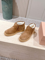 MIUMIU 25S SLIP-ON BOOTIES IN LIGHT BROWN SUEDE WITH FAUX SHEARLING
