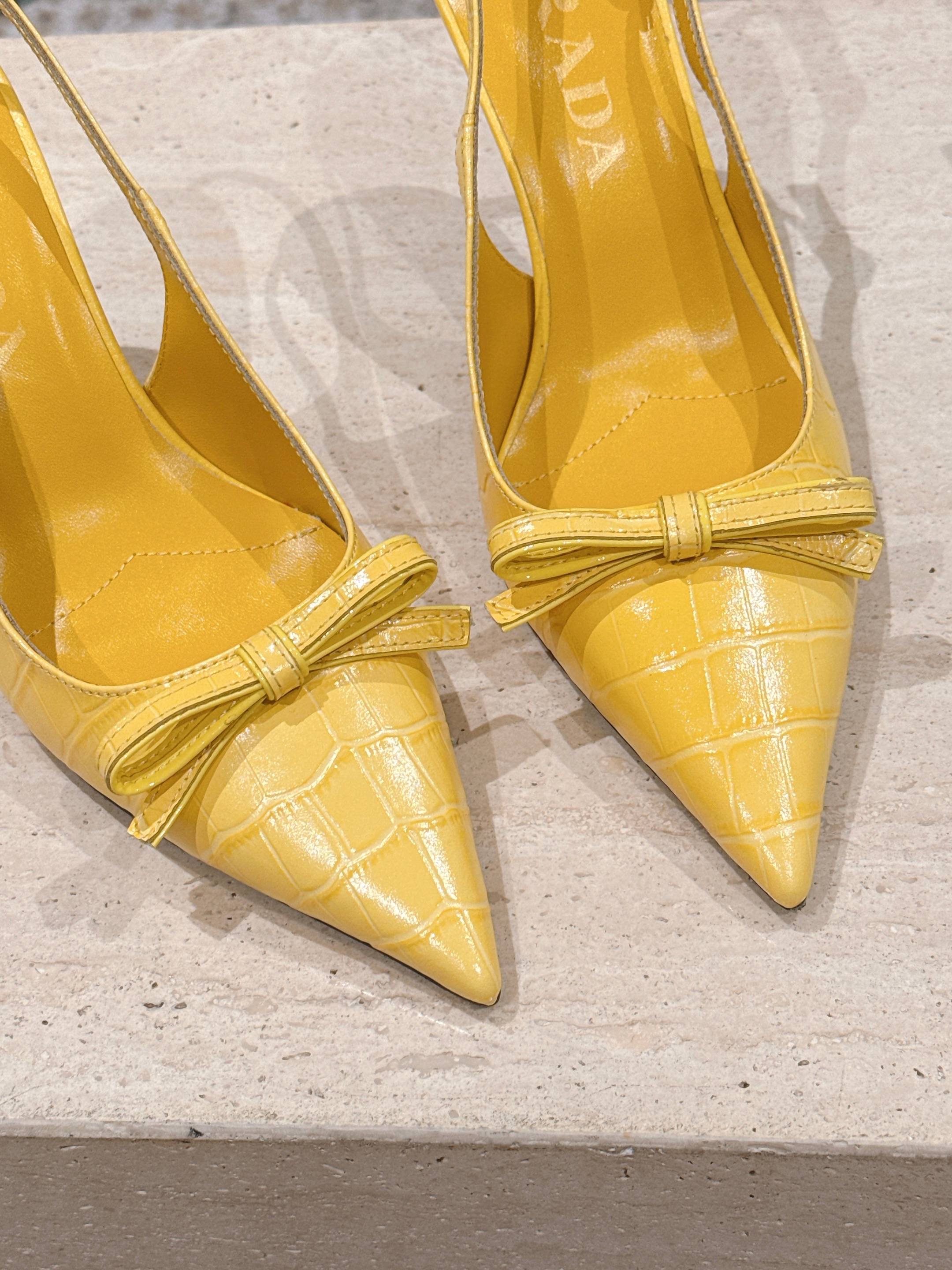 PRADA 26S POINTED-TOE SLINGBACK HEELS 85MM IN GOLDEN YELLOW CROC-EMBOSSED CALFSKIN