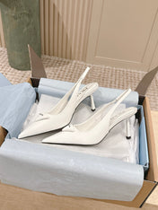 PRADA 26S POINTED-TOE SLINGBACK HEELS 75MM IN WHITE PATENT CALFSKIN