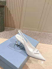 PRADA 26S POINTED-TOE SLINGBACK HEELS 75MM IN WHITE SHINY CALFSKIN