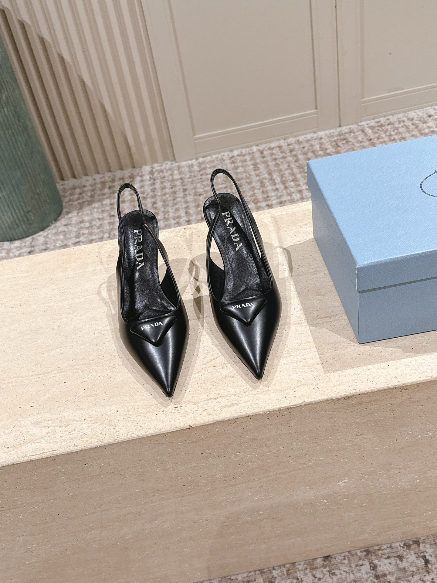 PRADA 26S POINTED-TOE SLINGBACK HEELS 75MM IN BLACK SHINY CALFSKIN