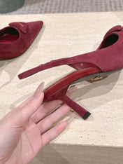 PRADA 26S POINTED-TOE SLINGBACK HEELS 75MM IN DARK RED SUEDE WITH LOGO