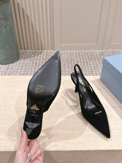 PRADA 26S POINTED-TOE SLINGBACK HEELS 75MM IN BLACK SUEDE WITH LOGO
