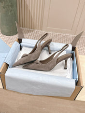 PRADA 26S POINTED-TOE SLINGBACK HEELS 75MM IN TAUPE GRAY SUEDE WITH LOGO