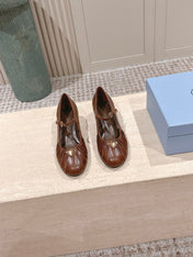 PRADA 26S MARY JANE 40MM IN CARAMEL BROWN CALFSKIN WITH LOGO