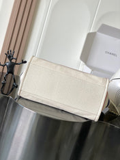 CHANEL 25S SHOPPING BAG 35 IN CREAM WHITE AND NAVY BLUE CANVAS