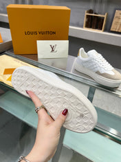 LV WOMEN GROOVY PLATFORM IN CAMEL BROWN SUEDE MIX WHITE EMBOSSED CALFSKIN