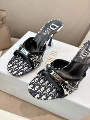 DIOR 26S KITTEN HEEL SLIDE SANDALS 85MM IN BLACK MONOGRAM CANVAS CALFSKIN CHAIN STRAP