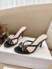 DIOR 26S KITTEN HEEL SANDALS 85MM IN BLACK CALFSKIN BOW STUDDED