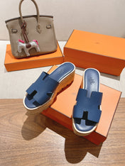 HM 25S HIGH WEDGE SANDALS IN DARK STEEL BLUE LAMBSKIN STYLE 18