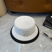 CHANEL 26S FLAT-BRIM STRAW HAT WITH RAISED CC LOGO 338109