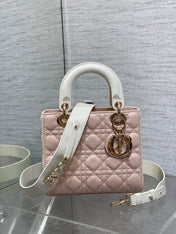 MEDIUM LADY BAG 20 IN BABY PINK QUILTED MACROCANNAGE CALFSKIN WHITE STRAP