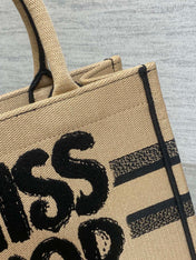 BOOK TOTE 26 BEIGE AND BLACK MISS GRAFFITI EMBROIDERY
