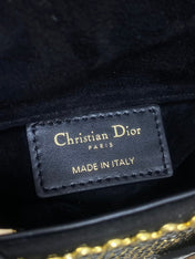 DIOR 25S MINI LADY D-LITE BAG 12 IN BLACK CANVAS AND CALFSKIN CRYSTAL-STUDDED