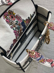 DIOR 25S SMALL LADY D-LITE BAG 24 IN WHITE RED DIOR STAR EMBROIDERY