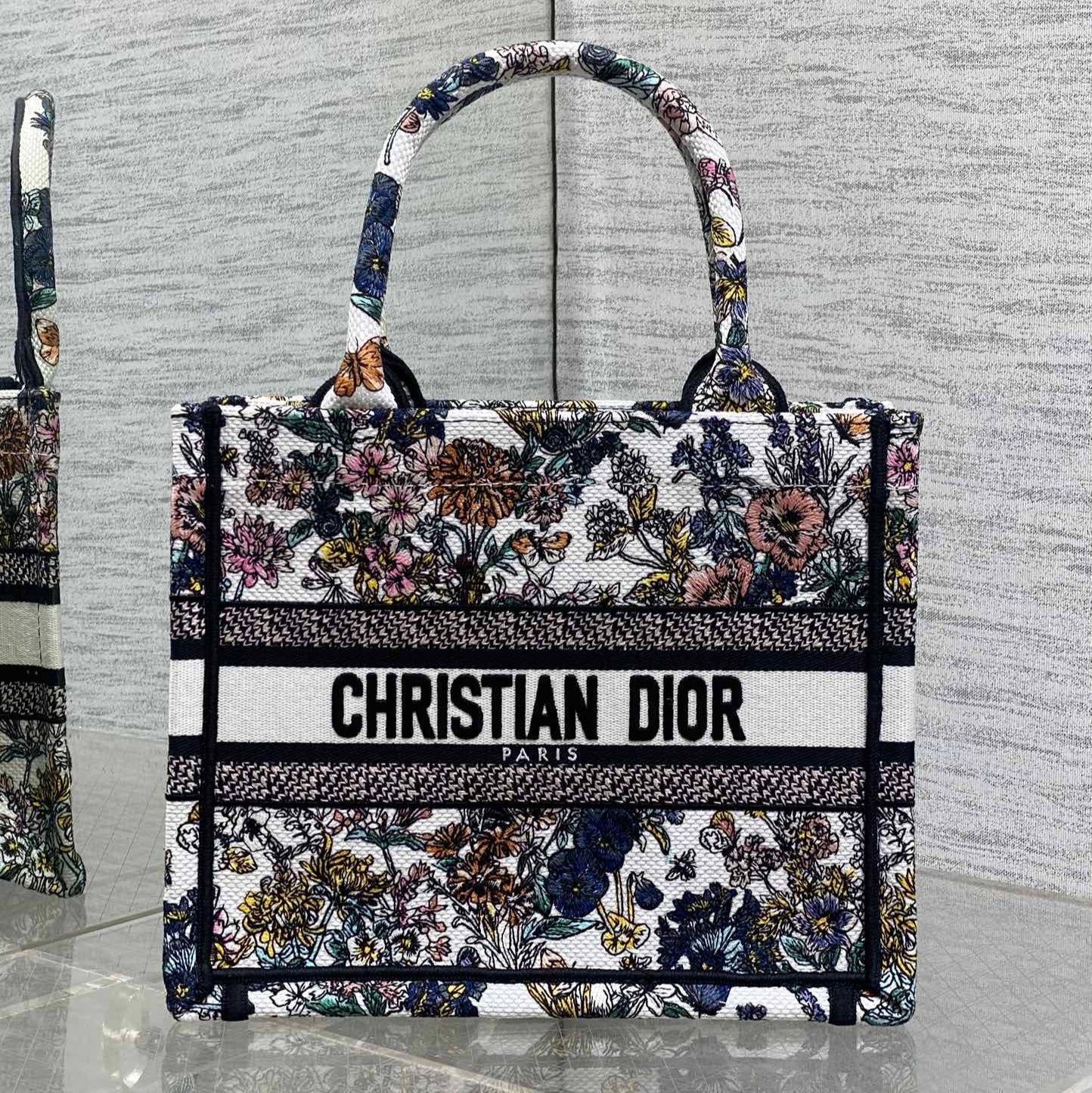 DIOR 25S LUCKY SMALL DIOR BOOK TOTE 26 IN MULTICOLOR DIOR FLOWERS CALENDAR ALLOVER EMBROIDERY