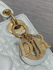 DIOR 25S MINI LADY DIOR BAG 17 IN LIGHT BLUE CALFSKIN CHARM CRYSTAL EMBELLISHMENTS