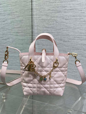 DIOR 25S TOUJOURS VERTICAL TOTE BAG 18 IN LIGHT PINK CALFSKIN WITH CHARM BRACELET STRAP