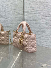 DIOR 25S SMALL LADY D‑JOY BAG 22 IN BABY PINK CALFSKIN GOLD HARDWARE