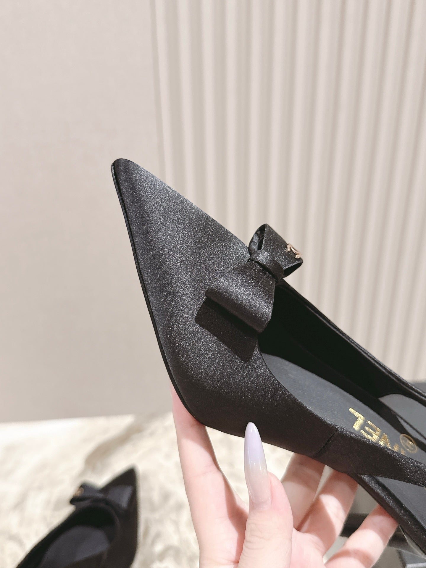 CC HIGH SLINGBACK IN BLACK SATIN WITH BOW ATTACHED