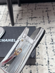 CHANEL 26S THONG SANDALS IN SILVER CALFSKIN WITH GOLD HARDWARE
