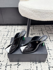 CHANEL 26S SQUARE-TOE HEELED MULES 95 MM IN BLACK MIX WHITE PATENT LAMBSKIN