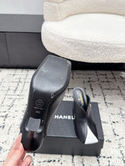 CHANEL 26S SQUARE-TOE HEELED MULES 95 MM IN BLACK MIX WHITE LAMBSKIN