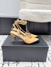 CHANEL 26S HEELED SLINGBACKS 75 MM IN BEIGE MIX BLACK LAMBSKIN
