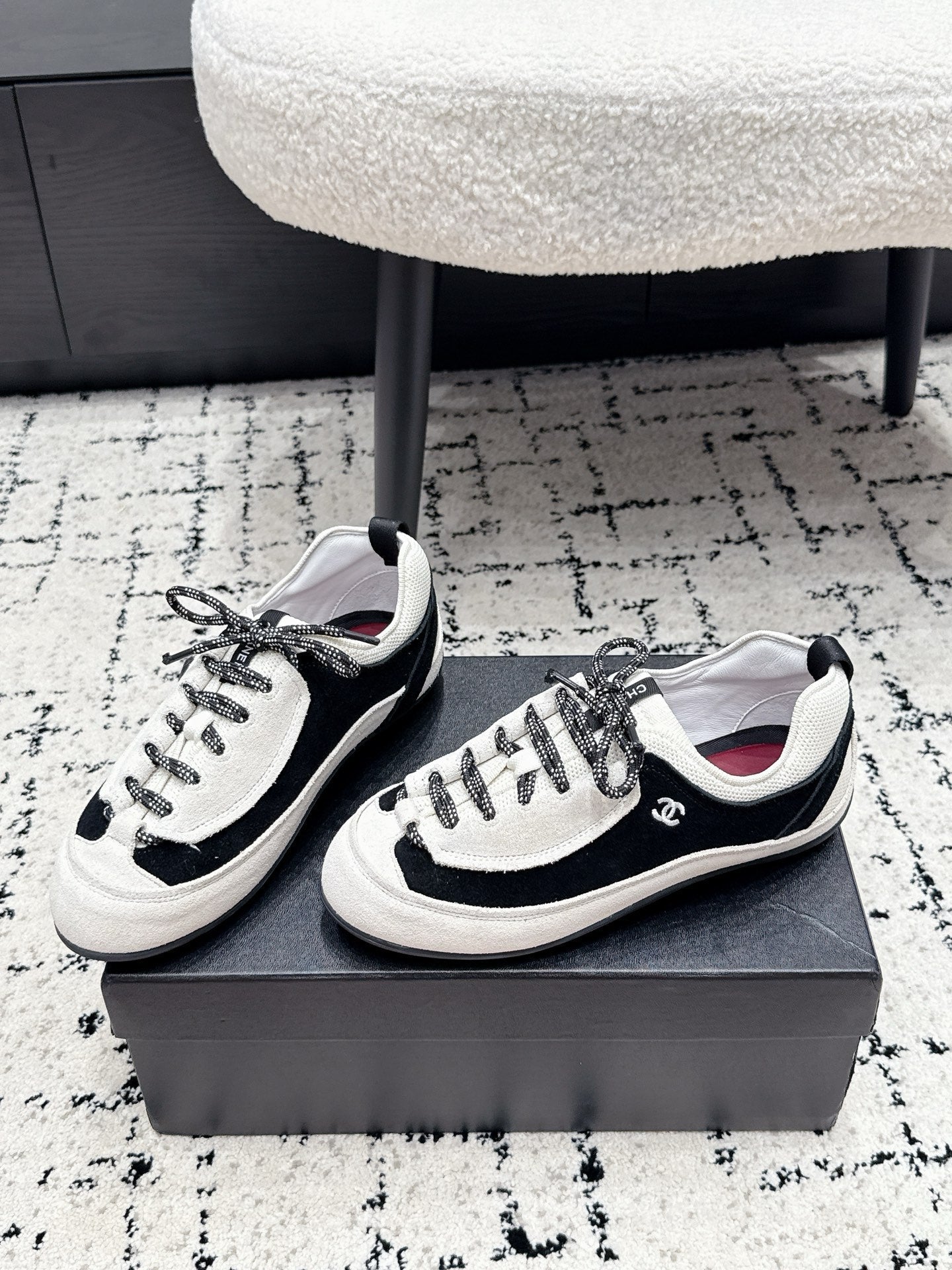 CHANEL 26S LACE-UP SNEAKERS IN WHITE AND BLACK SUEDE STYLE 2