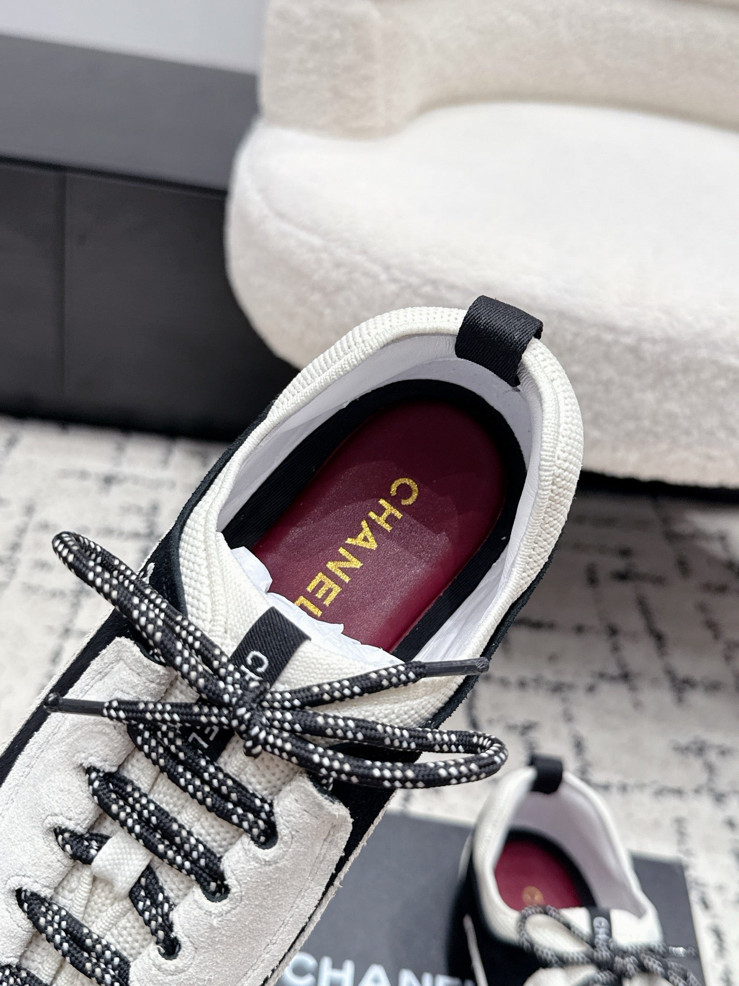 CHANEL 26S LACE-UP SNEAKERS IN WHITE AND BLACK SUEDE STYLE 2
