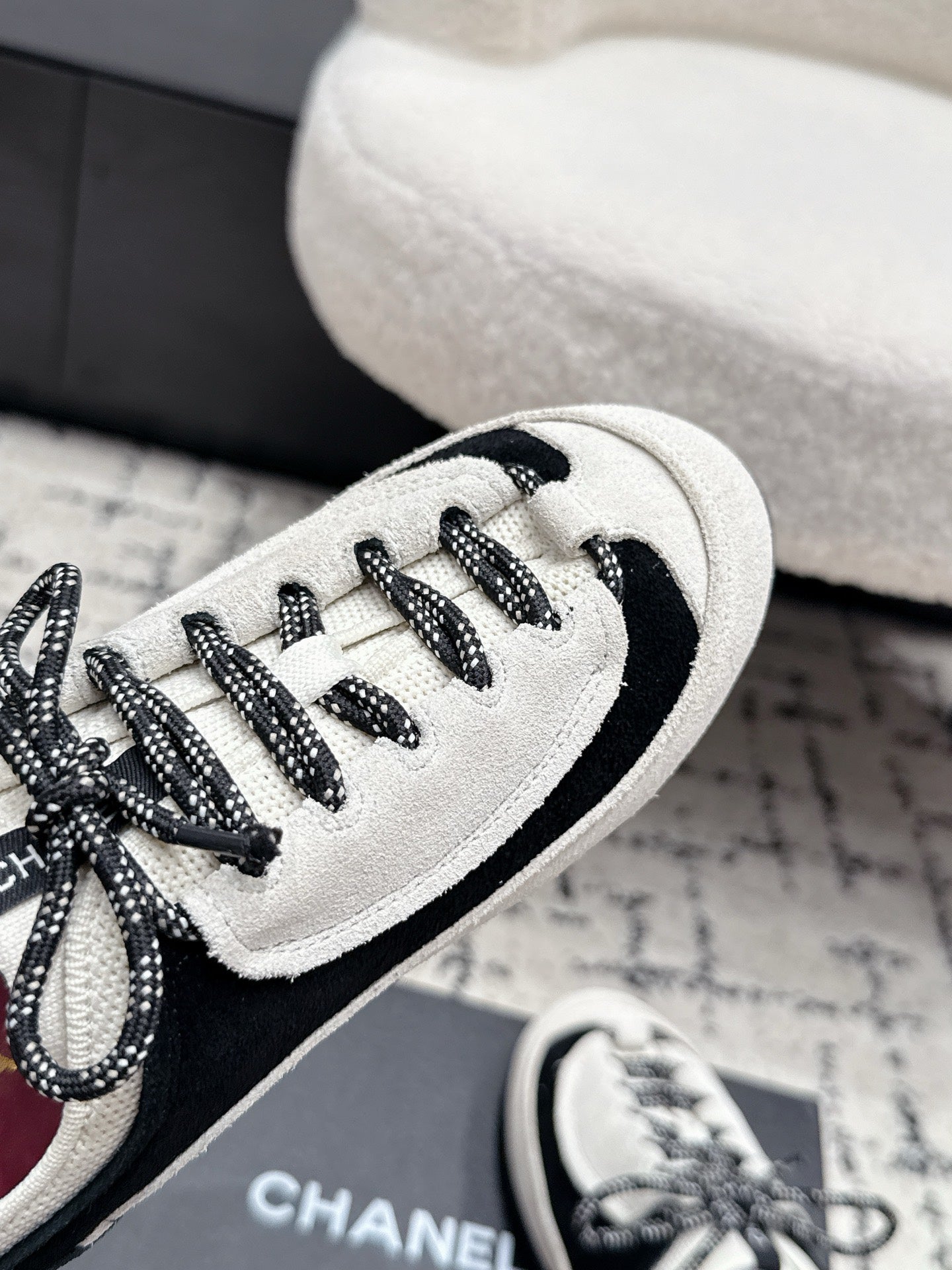 CHANEL 26S LACE-UP SNEAKERS IN WHITE AND BLACK SUEDE STYLE 2