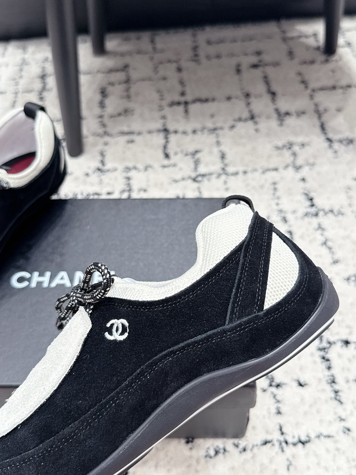 CHANEL 26S LACE-UP SNEAKERS IN WHITE AND BLACK SUEDE
