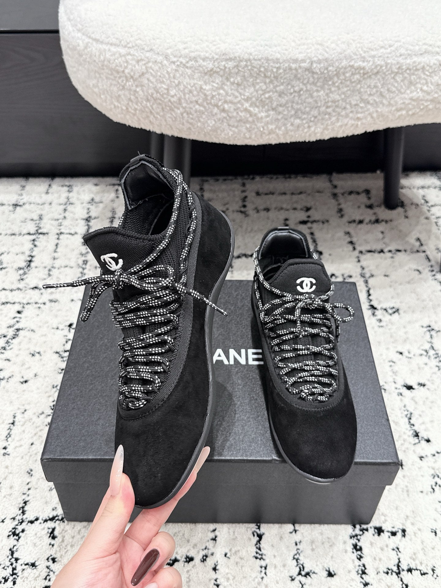 CHANEL 26S LACE-UP SNEAKERS IN BLACK SUEDE