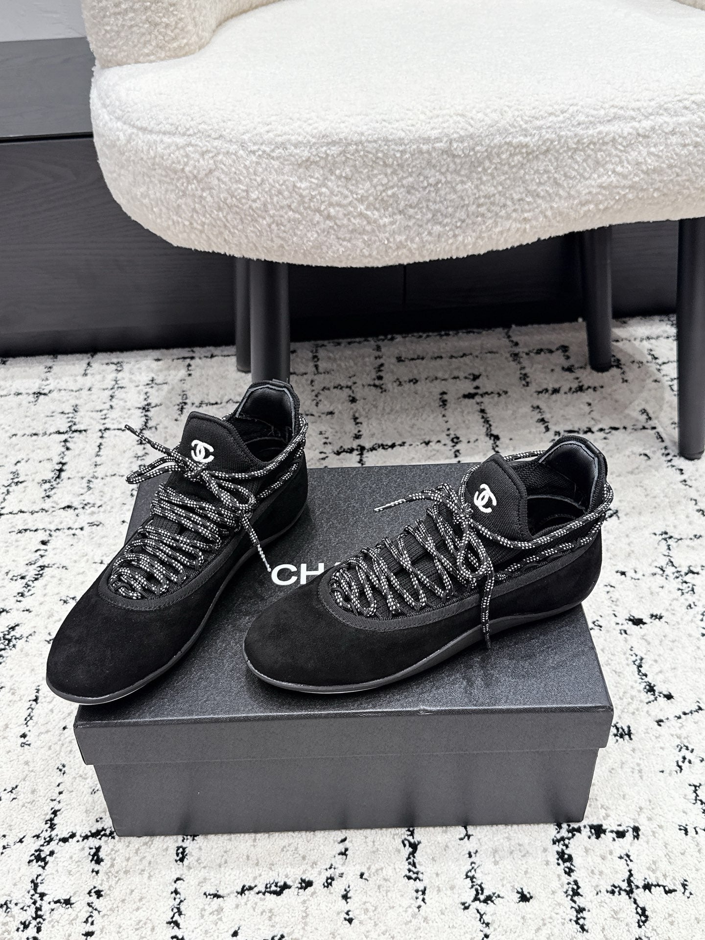CHANEL 26S LACE-UP SNEAKERS IN BLACK SUEDE