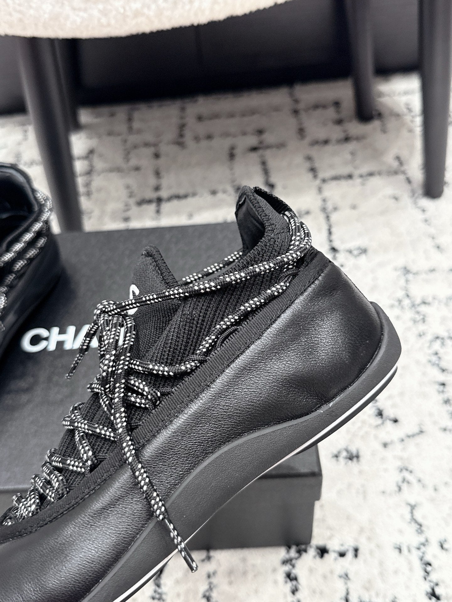 CHANEL 26S LACE-UP SNEAKERS IN BLACK FABRIC AND LAMBSKIN