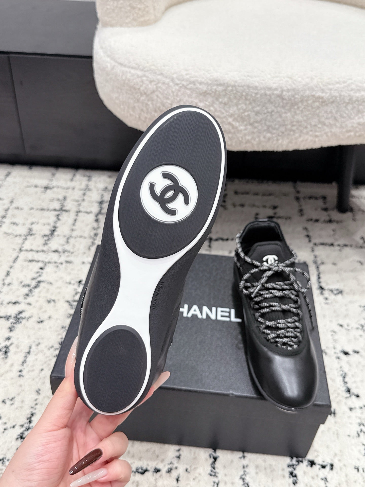 CHANEL 26S LACE-UP SNEAKERS IN BLACK FABRIC AND LAMBSKIN