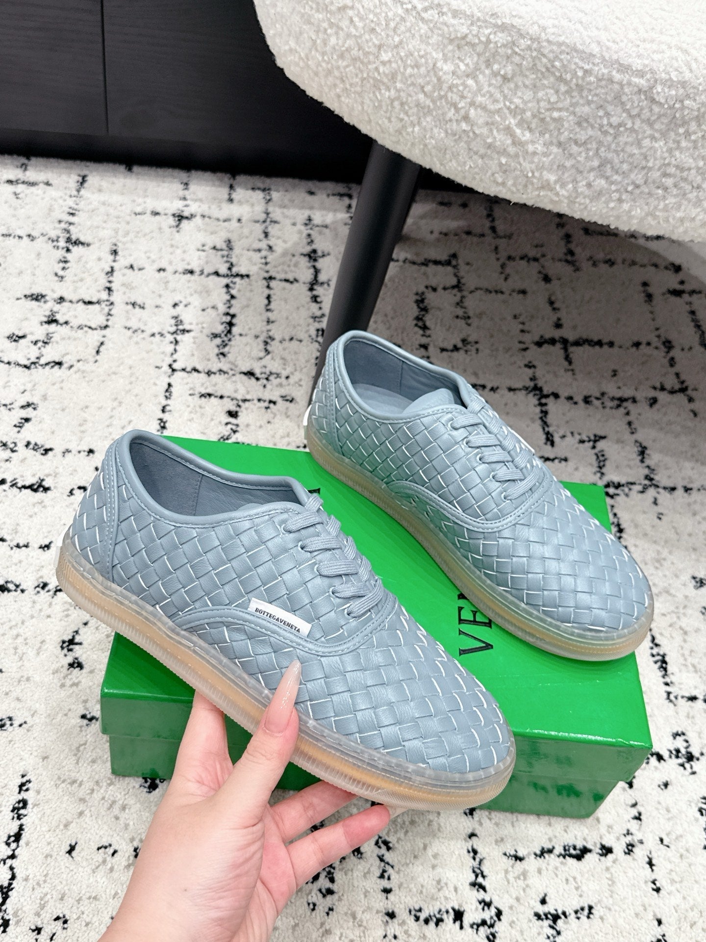 BOTTEGA VENETA 26S SNEAKERS IN LIGHT BLUE GREY WOVEN LAMBSKIN