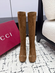 GUCCI 26S HORSEBIT KNEE-HIGH BOOTS 75 MM IN BROWN SUEDE