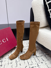 GUCCI 26S HORSEBIT KNEE-HIGH BOOTS 75 MM IN BROWN SUEDE